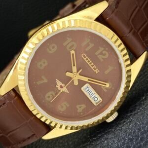 Vintage 1983 Citizen Automatic Mens Gold Watch W/daydate & Brown accents